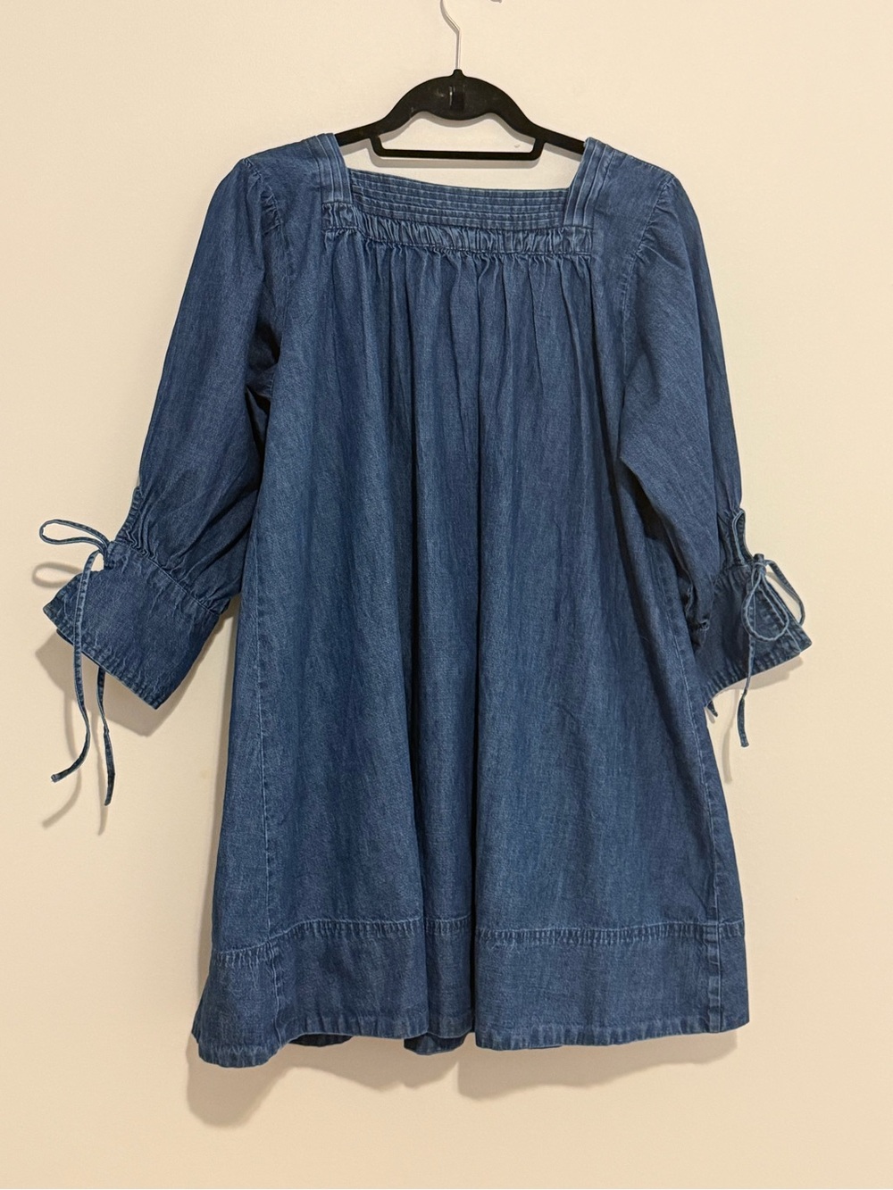 Free People Blue Denim Babydoll Mini Dress Square Neck Smocked Boho Cottagecore - Picture 7 of 13